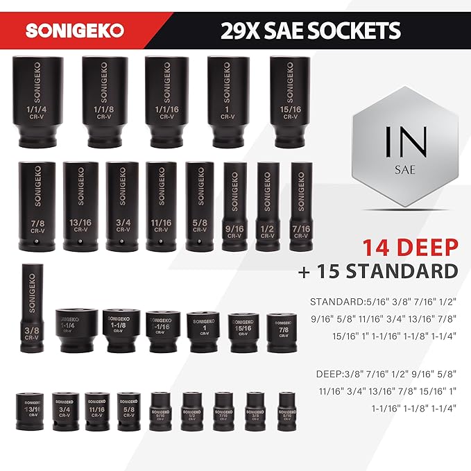 1/2" Drive Impact Socket Set,70-Piece 6 Point Deep, Standard SAE and Metric CR-V Steel Sockets with Drive Ratchet Handle (1/2" 70 PCS Socket Set,Metric and SAE)
