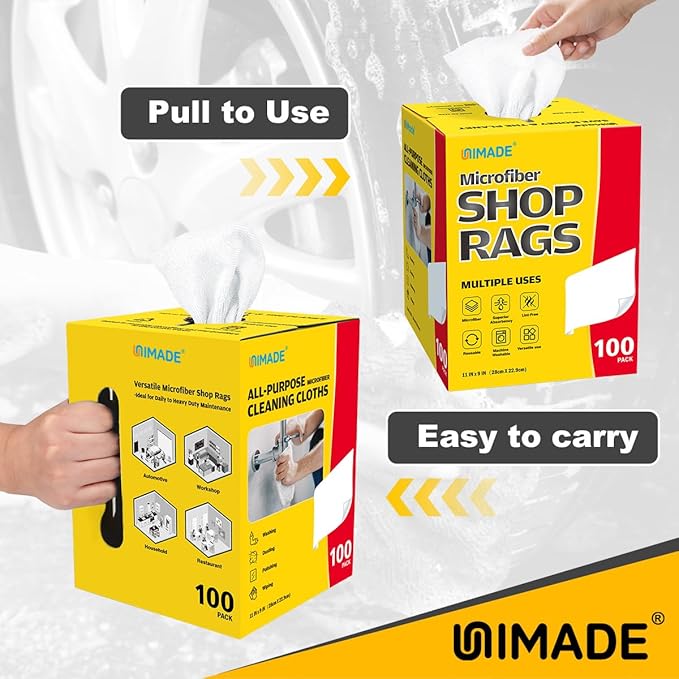 Shop Rags, 100 Sheets Microfiber Cleaning Cloth Commercial Grade Washcloths Lint-Free Bulk Shops Towels for Cars Mechanic Restaurant Garage Housekeeping, 11"x 9", White