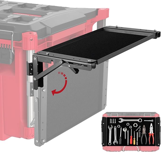 BYERN AUTO Folding Magnetic Side Table Compatible with Milwaukee Packout Toolbox, Heavy-Duty Magnetic Tool Tray with Rail Clips, Rubber-Coated Surface Workbenches, No Drilling Packout Accessories