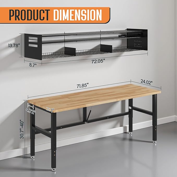 SPECRAFT 72x24 Folding Workbench with Wall-Mounted Tool Rack, Adjustable Foldable Workbench with Power Outlets & Hooks, 2330 LBS Capacity, 30.7"-40" Height for Garage, Workshop, Office