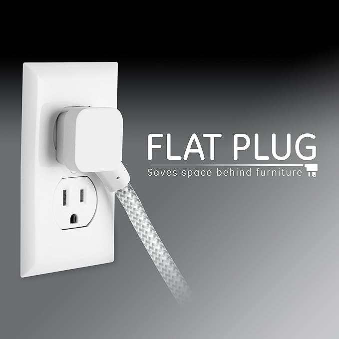 GE 3-Outlet Power Strip 15 Ft Braided Extension Cord with Multiple Outlets Grounded Flat Plug ETL Listed White 40530