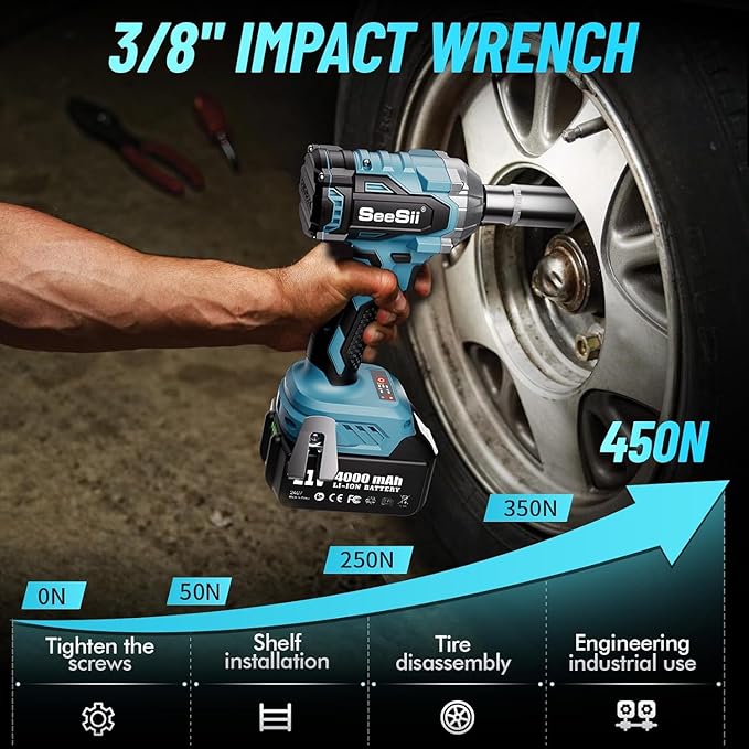Seesii 3/8" Cordless Impact Wrench, Power Impact Gun w/Max Torque 330Ft-lbs(450N.m), 4.0Ah Rechargable Battery & 4 Sockets, Compact Power Impact Wrench for Lightduty Work Car Home,WH450
