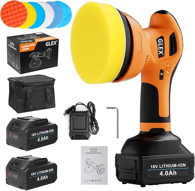 GLEX Electric Cordless Car Buffer Polisher, 6-inch Car Buffer Waxer Kit, 18V 4.0AH Battery*2, 6-speed Variable Speed, Up to 6600RPM, for Car Detailing, Boat Sanding, Scratch Removal, Mirror Polishing