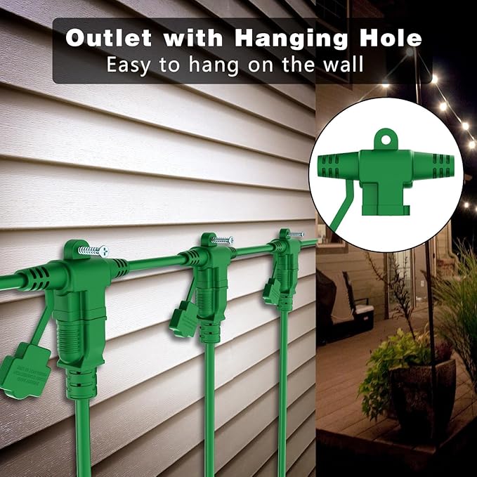 K KASONIC - Outdoor Extension Cord 100 FT, Evenly Spaced 12 Outlets Plugs, 16/3 SJTW Weatherproof Multiple Outlets Wire for Landscaping Light, Holiday Decoration and Christmas, ETL Listed, Green