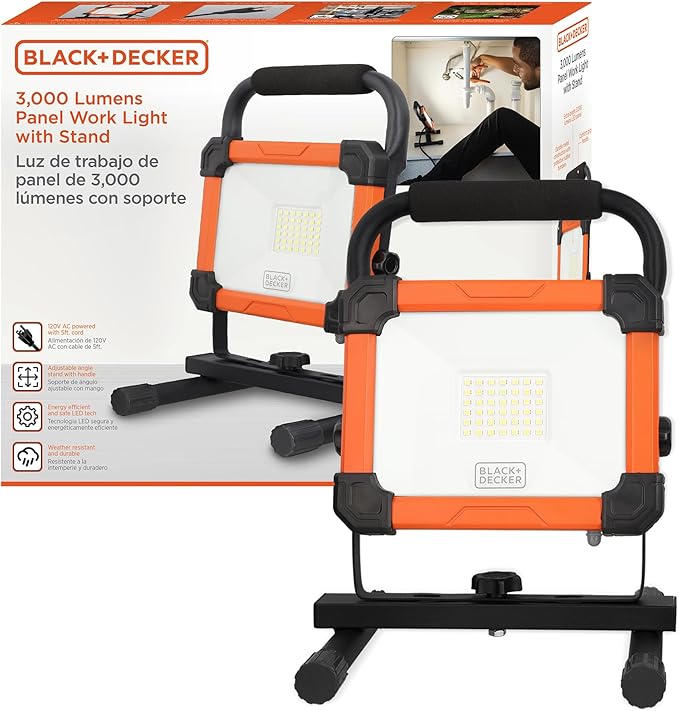 BLACK+DECKER LED Work Light, 3000 Lumens LED Panel Flood Light, IP65 Waterproof, Shock Resistant, 120° Beam Angle, ETL Certified, Pivoting H-Stand, Tripod Compatible, Compact & Portable, 120V Plug