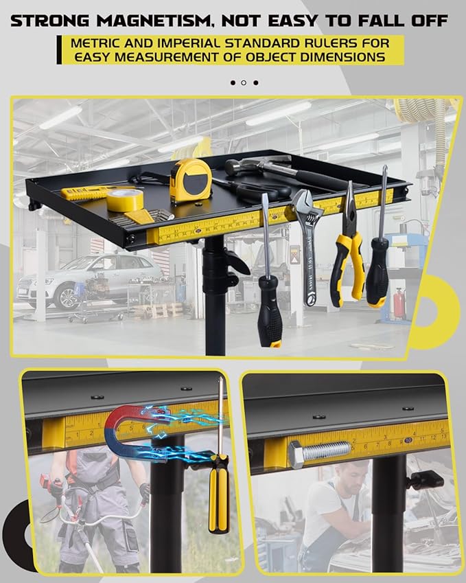 Rolling Tool Cart with Phone Stand, Portable Work Table Mobile Service Tray Cart with Magenetic Ruler Measurement Tool Holder for Light Duty, Garage Tool Organizer Workbench Mechanic Cart