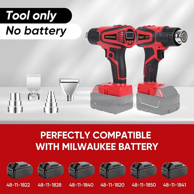 Cordless Heat Gun Compatible with Milwaukee M18 Battery, Fast Heating Variable Temp (122°F~1112°F) Hot Gun LCD Display and 4 Nozzle for for Crafting, Vinyl Wrap, Shrink Tubing, Resin, DIY(No Battery)