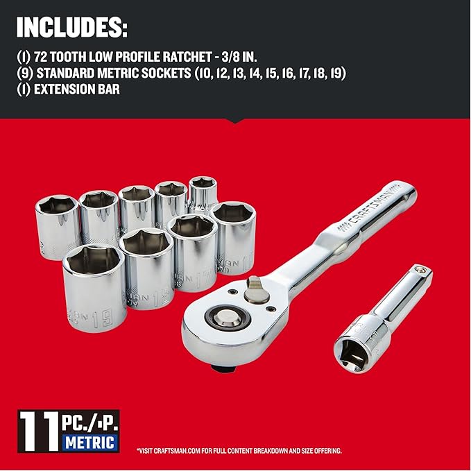CRAFTSMAN 11-Piece Socket Set, Metric, 3/8 Inch Drive, Low Profile Ratchet (CMMT12127)