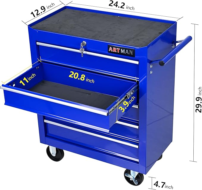 YOPTO Multifunctional Cart with 5 Ball-Bearing Drawers,Portable Rolling Tool Chest W/ 4 Wheels,Key Locking and Pull Handle,for Garage,Warehouse,Workshop,Repair Shop,Blue