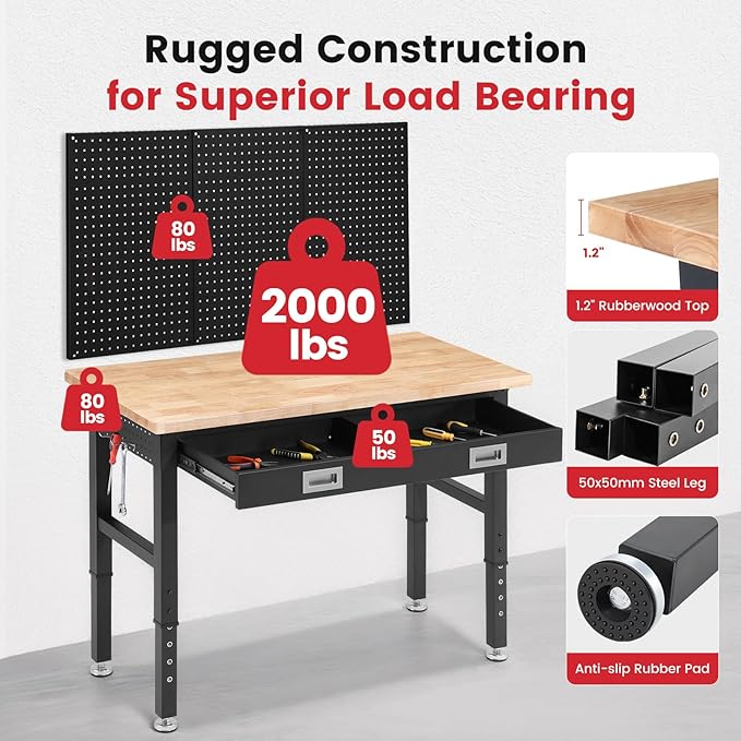 ENJOYWOOD Work Bench with Storage Adjustable Workbenches with Drawer for Garage 48 Inch Rubber Wood Top Garage Workbench with Pegboard, Power Outlets for Woodworking,Home, Office, Workshop