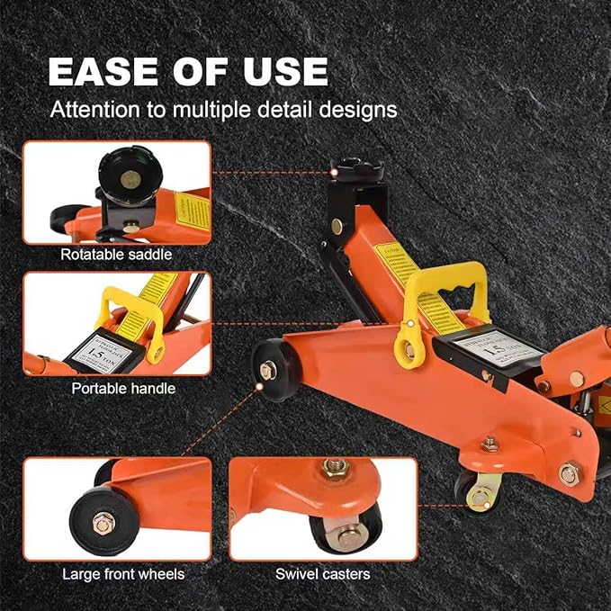 A A IN AA094 Hydraulic Low Profile Steel Floor Jack, Trolley Service Lift Car Garage Floor Jack, 1.5 Ton (3300 lbs) Capacity, Orange