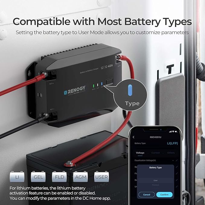 12V 40A DC-DC Battery Charger with LiFePO4 Activation, Waterproof Smart Battery Charger Compatibility with Flooded, Gel, AGM, and Lithium Batteries for RV Marine Truck All Weather
