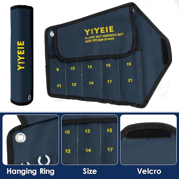 Flare Nut Wrench Set, Metric 5-Piece, Brake Line Wrench Set 9, 10, 11, 12, 13, 14, 15, 17, 19, 21 mm, CR-V Steel, with Roll-up Pouch