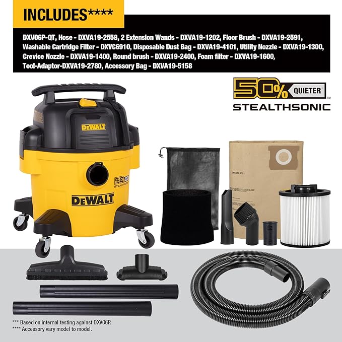 DEWALT 6 Gallon STEALTHSONIC Shop Vac with HEPA Filter, HEPA Shop Vacuum Wet and Dry for Home, Garage, Workshop, Jobsite