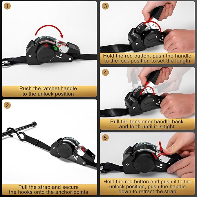 6FT Retractable Ratchet Straps(4-Pack) - 1 Inch (1800 LB Break Strength) Heavy Duty Self Retracting Ratchet Straps with Soft Loops & Storage Bag for Household, Motorcycle, Truck, ATV(Black)