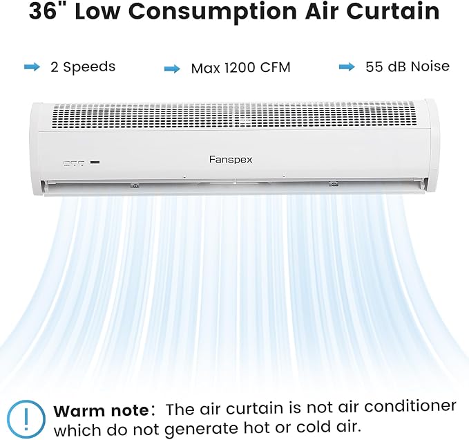 Fanspex 36" Wall Mounted Air Curtain, 2-Speed Commercial Over Door Fan for Home Garage Shop Restaurant, 120W Low Consumption with Magnetic Door Switch (White)