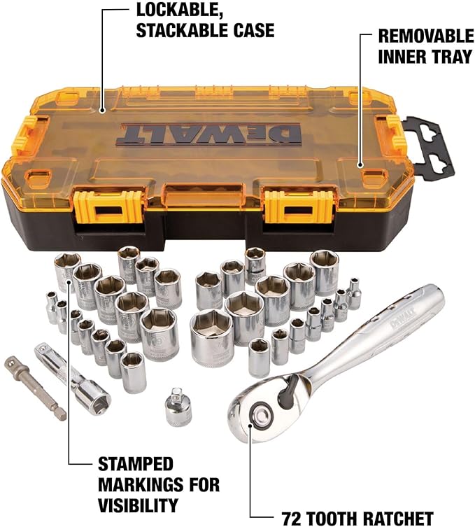 DEWALT Socket Set, 1/4-Inch & 3/8-Inch Drive, SAE/Metric, 34-Piece (DWMT73804)