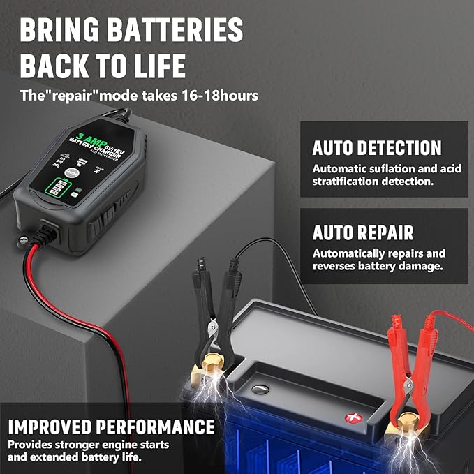 2 Pack 3 AMP Battery Charger - 6V/12V Smart Automotive Battery Charger, Fully Automatic and Maintainer Trickle Charger for Car, Motorcycle, Boat, Lead-Acid, Lithium, LiFePo4 Battery