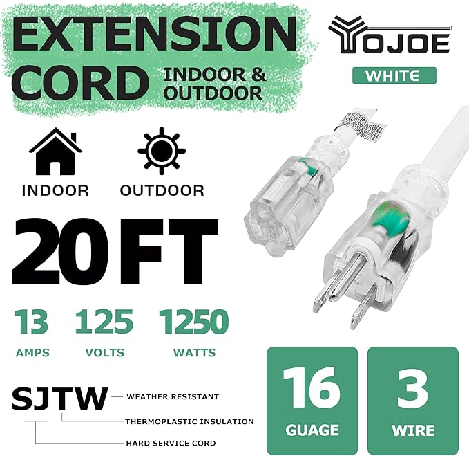 YOJOE Indoor Outdoor Extension Cord with Lighted End, 3 Prong 13A Weatherproof Power Cord, 16 Gauge Heavy Duty 20 ft White Extension Cord for Garage, Garden and Home, 16/3 SJTW UL Listed