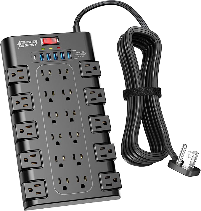 Flat Plug Power Strip, SUPERDANNY Surge Protector with 22 AC Outlets and 6 USB Charging Ports, 1875W/15A, 2100 Joules, 6.5Ft Heavy Duty Extension Cord for Home Office, Dorm, Gaming Room, Black