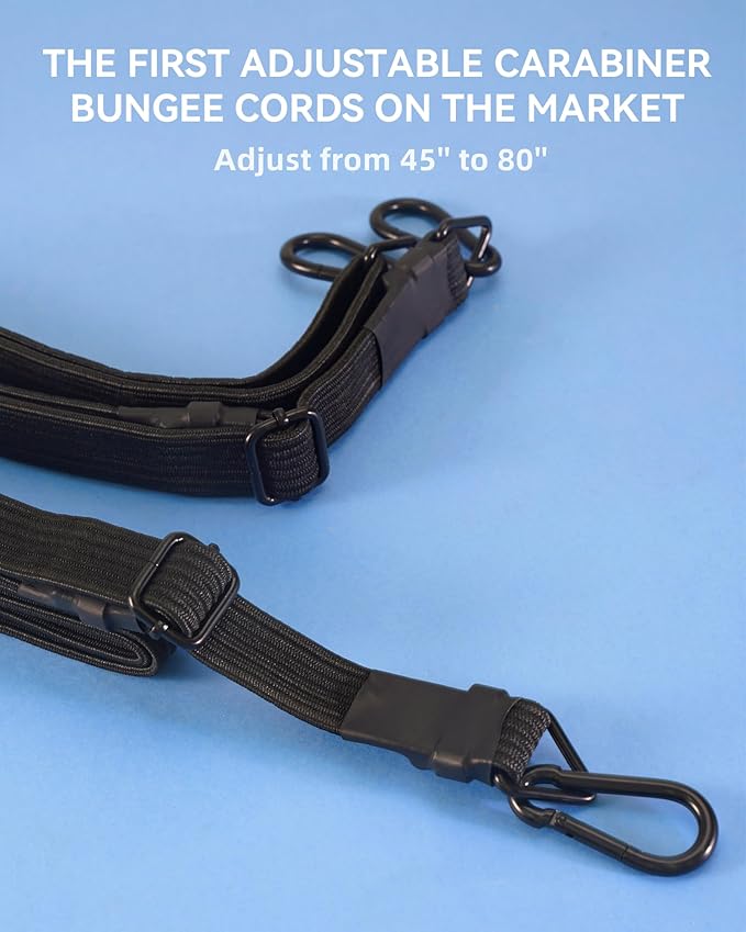 80 Inch Adjustable Carabiner Bungee Cords with 190 Lbs Max Break Strength - Adjust from 45" to 80" - Heavy Duty Flat Carabiner Bungee Straps with Upgraded Hooks for Tents, Cargo, Luggage, etc (4 Pcs)