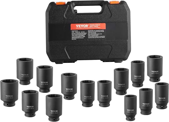 VEVOR Axle Nut Impact Socket Set - 1/2" Drive Deep 6+12-Point 14-Piece Metric Spindle Nut Socket CR-V Heat Treated Large Socket Set with Storage Case for Auto Repair, Removing or Installing Axle Nuts