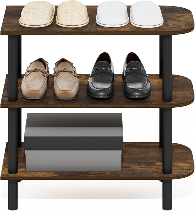 Furinno Turn-N-Tube Shoe Rack, 3-Tier Shoe Organizer, Shoe Rack Storage with Curved Freestanding Organizer, 11.7 x 23.6 x 21.9, for Closet Entryway, Office, Garage, Amber Oak/Black