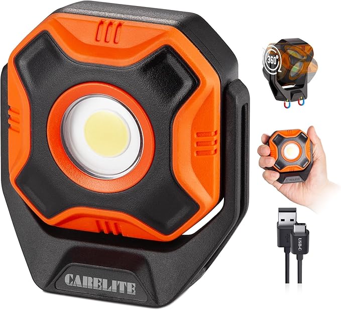 Work Light, 700 Lumen Rechargeable Magnetic Light with 3 Modes & 360° Pivoting Head for Mechanics & Outdoor Use (Orange)