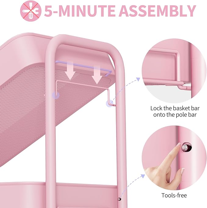 TOOLF 4-Tier Rolling Cart - Metal Storage Organizer with Lockable Wheels, 44 lbs Per Shelf Capacity, Tool-Free Assembly, for Kitchen Bathroom Office Laundry Room Nursery, Pink