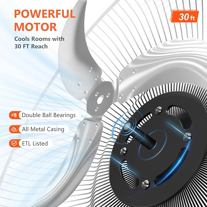 20 Inch Oscillating Wall Mount Fan, 3 Speed High Velocity Powerful, 90° Oscillation & 30° Tilt Cooling, Wall Fan for Home, Offices, Greenhouse, Workshop, Patio, Outdoor, Indoor ETL Certified