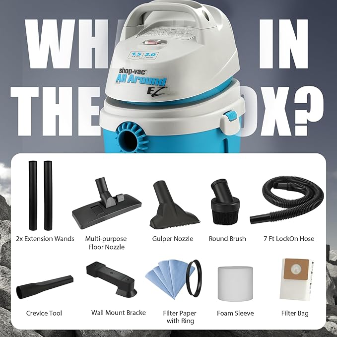 Shop-Vac 1.5 Gallon 2.0 Peak HP All Around EZ Wet/Dry Vacuum, Portable Compact Shop Vacuum, 3 in 1 Function with Wall Bracket & Multifunctional Attachments for Home, Apartment, Vehicles, 5895100