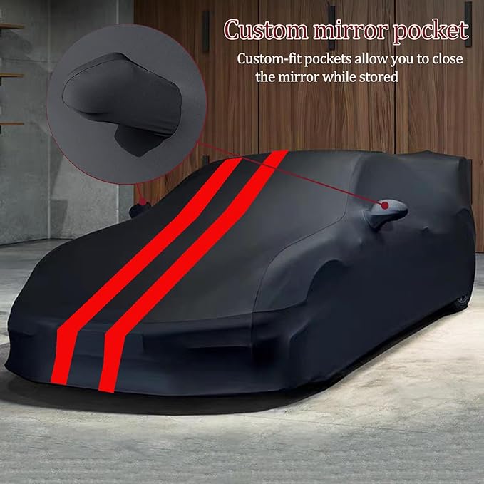 Indoor Car Cover Compatible with Ford Mustang（1994-2024 Custom-fit Breathable Dust-Proof Stretch Car Cover for Underground Garage, Car Show （Black+Red）