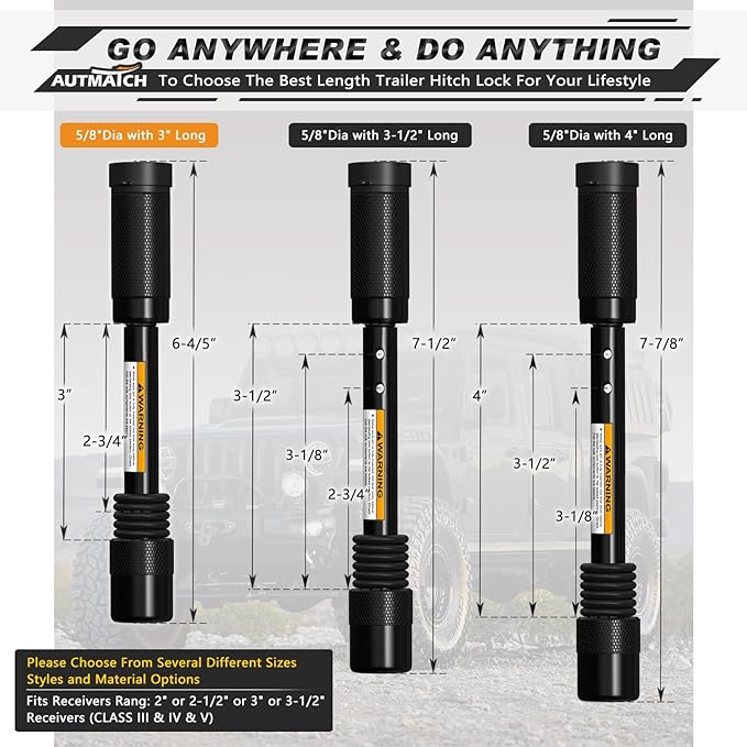 AUTMATCH Trailer Hitch Lock 5/8" - 3" Extra Long Span & Anti-Theft Hitch Locking Pin, Fits Class III IV 2" Receivers, Heavy Duty Towing Lock Pin for Jeep, Trailer, Truck, RV, Bike Rack, Black