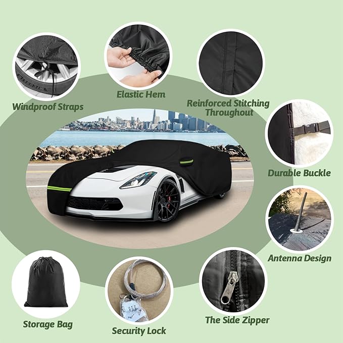 Car Cover for 2014-2019 Corvette C7 Stingray Corvette Z51 Z06, 6 Layers Waterproof Sun Rain UV Dust Snow Protection Outdoor C7 Full Car Cover with Zipper Door and Windproof Straps-Black