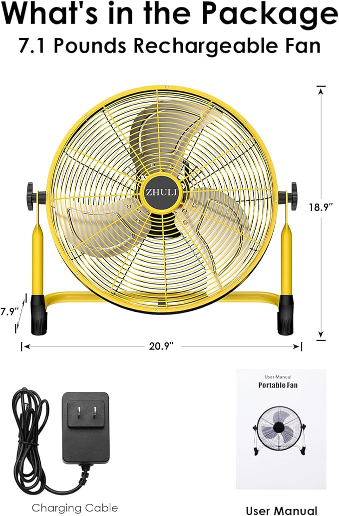 ZHULI 18" Portable Battery Operated Floor Fan, Rechargeable Cordless Camping Fan, Hi-Velocity Brushless Motor, Metal blade, USB Phone Charge, 8~60H Runtime, Quiet, Wireless, For Outdoor Home Workshop