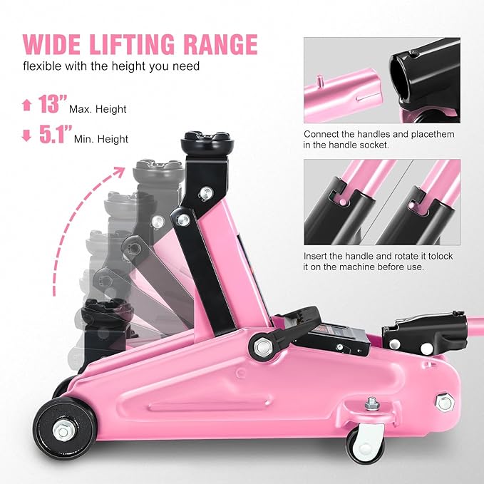 PM PERFORMOTOR Low Profile Hydraulic Trolley Service/Floor Jack, 2 Ton (4000 lbs) Capacity, Lifting Range 5.1"-13",Pink,PM-TOL-FJ20-PK