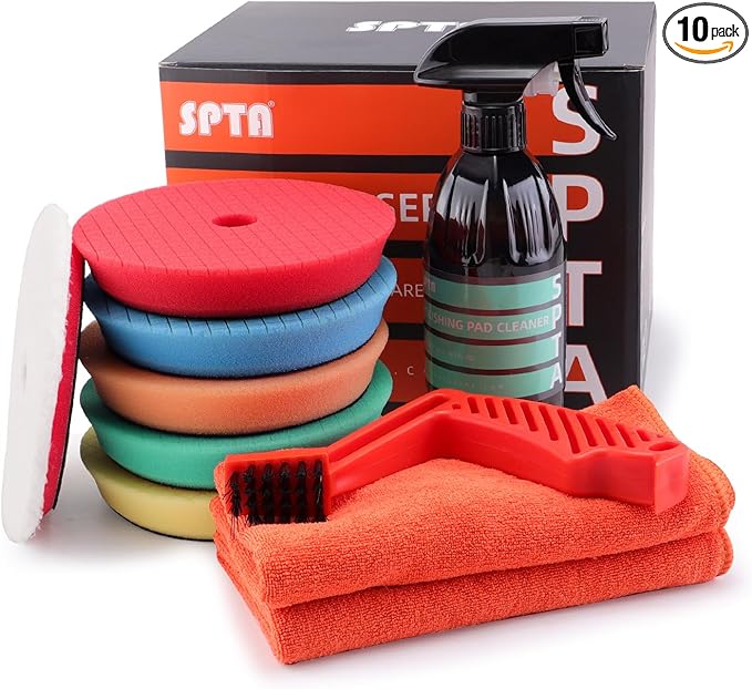 SPTA 10 Pcs Detailing Set, 5Pc 5 inch Buffing Polishing Pads, 1 Microfiber Finish Pad, 1-16 oz Polishing Cleaner, 1 Conditioning Brush, 2-16"*16" Microfiber Towel. for Dual Action and Rotary Polishers