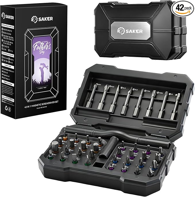 Saker 42-in-1 Magnetic Screwdriver Set for Father’s Day Gift, Screwdriver Set with T Handle & Storage Case, for Men Gift, Furniture, Computer, Bicycle, and DIY Grey