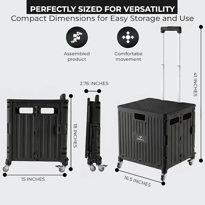 Rolling Cart for Teachers – Collapsible Cart with Wheels, Foldable Utility and Grocery Cart on Wheels for Classroom, Office, Travel, Tool Box, and Move Luggage (Black)