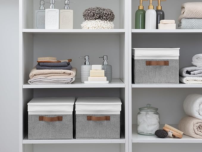 StorageWorks Decorative Storage Boxes with PU Handles, Storage Bins with Lids, Foldable Storage Baskets for Closet, Shelves, Stackable, Gray and White, 3-Pack