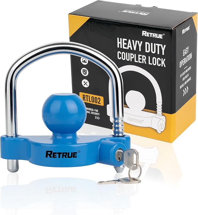 RETRUE Universal Coupler Lock Trailer Locks Ball Hitch Trailer Hitch Lock Adjustable Security Heavy-Duty Steel Fits 1-7/8 Inch, 2 Inch, 2-5/16 Inch Couplers, Baby Blue