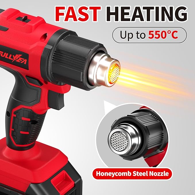 FULLYEA Cordless Heat Gun, Max 1022°F (550°C) Fast Heating, Lightweight Hot Air Gun Kit with 2x4.0Ah Batteries & 5 Nozzles, Portable Heat Gun for Shrink Tubing, PVC Wrap, Crafts (Red)
