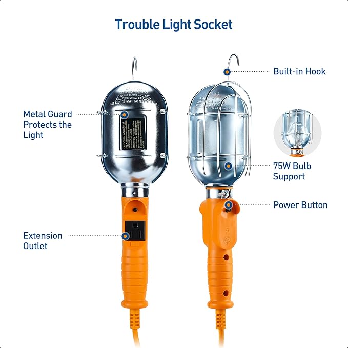[ETL Listed] Cable Matters 25ft LED Drop Light with Extension Cord, Outlet, Magnetic Base and Built-in Handle in Orange - 1200 Lumen Work/Trouble Light for Garage, 16 AWG Extension Cord