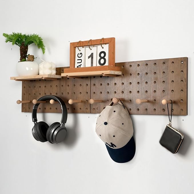 Brown Wood Pegboard Modular Display Wooden Pegboard Combination Wall Organizer Storage Wall Hooks Shelf for Home, Office, Bathroom, Comes with 2 Pieces Pegboards