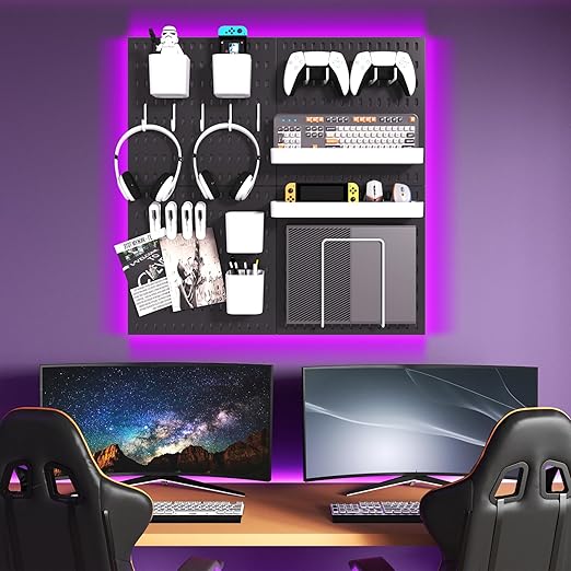 Peg Board Combination Kit, 4 Pegboards with 20 Accessories, Pegboard Wall Organizer for Office, Nursery & Home Storage, Key Holder, 25.6"x25.6" – Nail-Free Installation（Black）