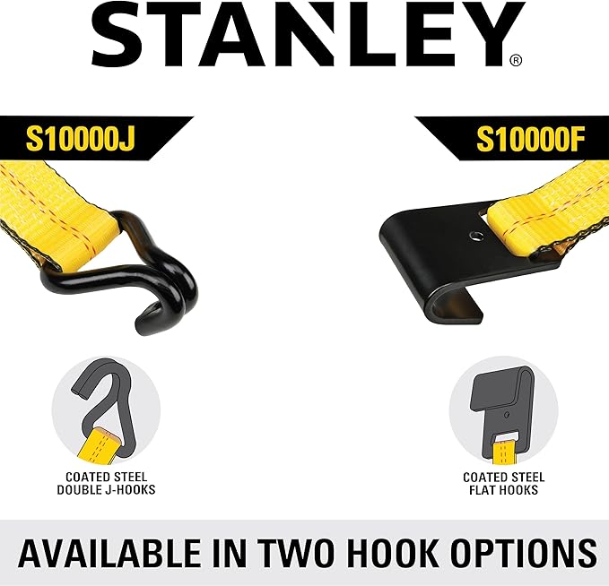STANLEY S10000F Black/Yellow 2" x 27' Ratchet Strap with Flat Hooks - 3,333 LBS Safe Working Load / 10,000 LBS Break Strength