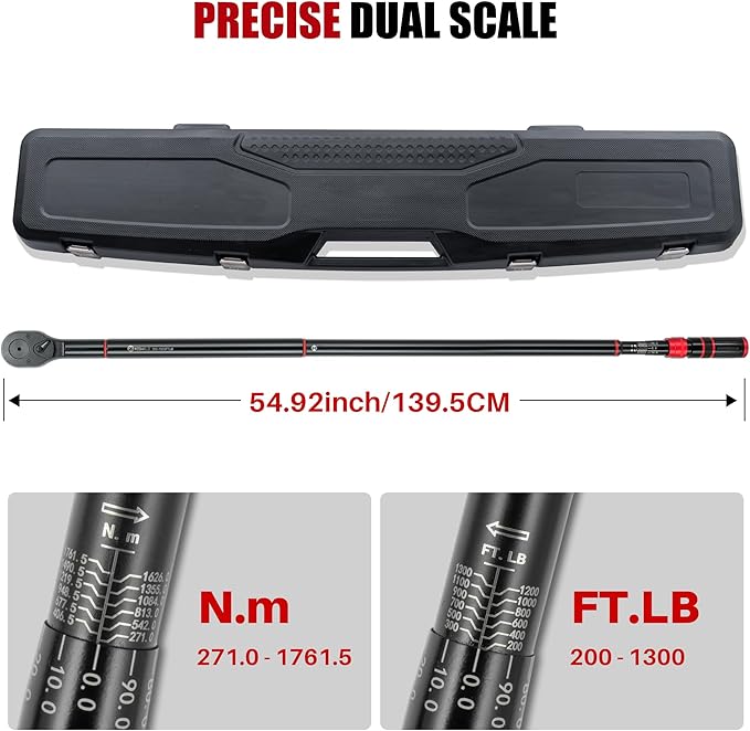 1-Inch Drive Click Torque Wrench - 200-1300 Ft-Lb/271-1762.5Nm, Dual-Direction Adjustable 24 Tooth Torque Wrench, Accuracy 3% for Car, Truck, Tractor, Maintenance and Product Assembly