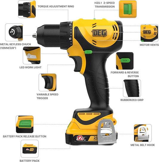 12V MAX Cordless Drill/Driver Kit,Electric Power Drill Set with Battery & Charger, 3/8-Inch Keyless Chuck, 2 Variable Speed, 20+1 Torque