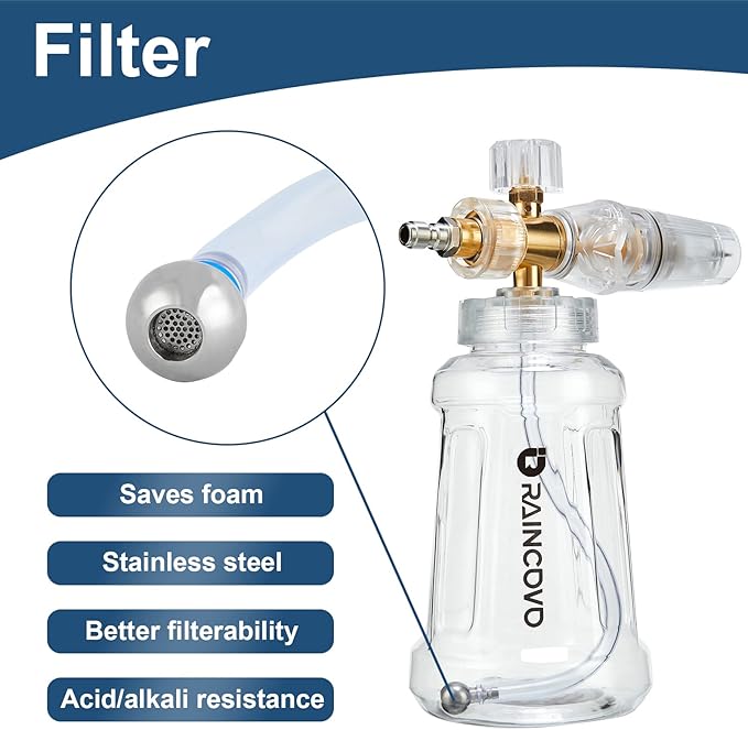 Foam Cannon for Pressure Washer, Snow Clear Foam Cannon for Car Wash, Stainless Steel Filter, Adjustable Nozzle with M22 and 1/4 Inch Quick Connect, Additional 1.1 mm Orifice Nozzle