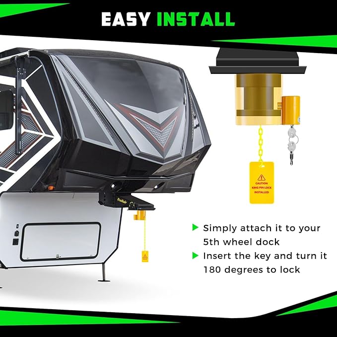 BYERN AUTO 5th Wheel King Pin Lock, Heavy Duty King Pin Lock with Anti-Theft Warning Tag & 2 Keys for RVs, Container Trailers and Campers, Extremely Durable (Yellow)